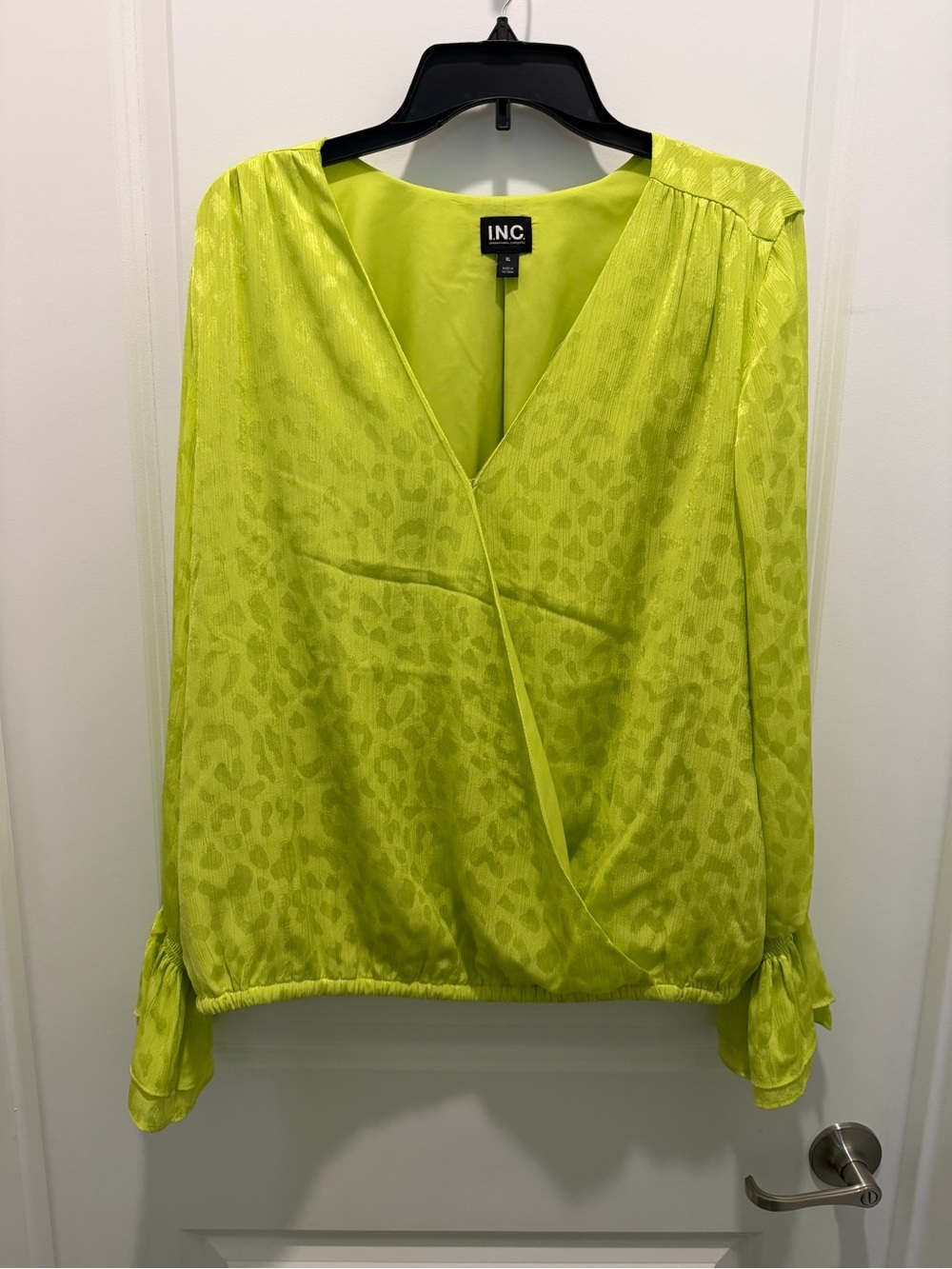 INC International Concepts Neon Lime Leopard Satin Wrap Blouse